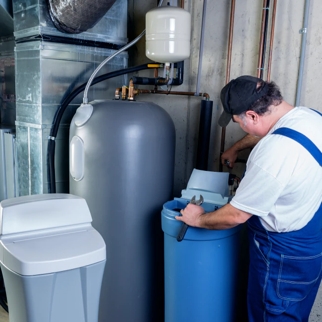 plumber repairing a water softener system delta co